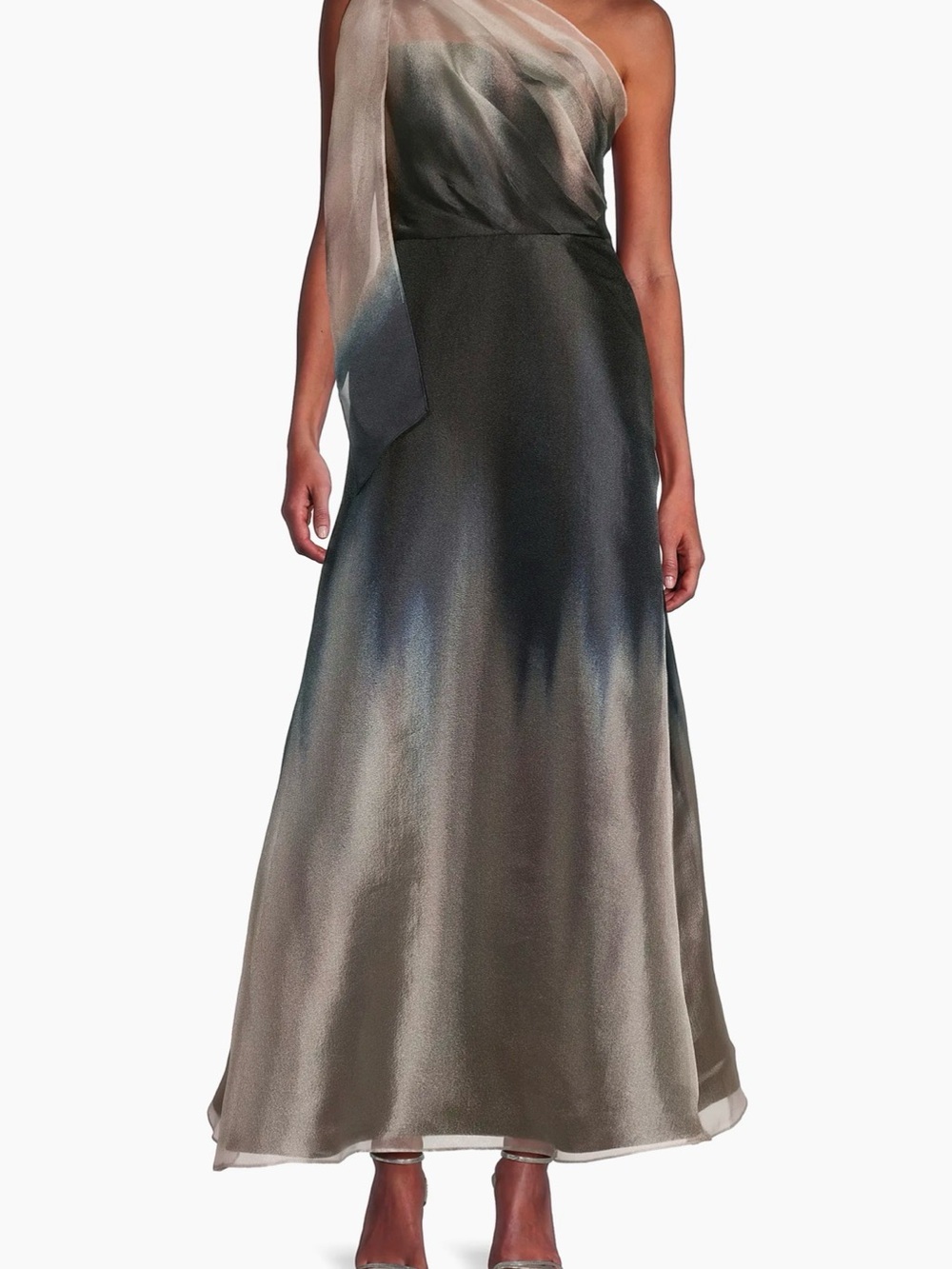 Kay Unger |One-Shoulder Ombre Evening Gown in Olive and Charcoal